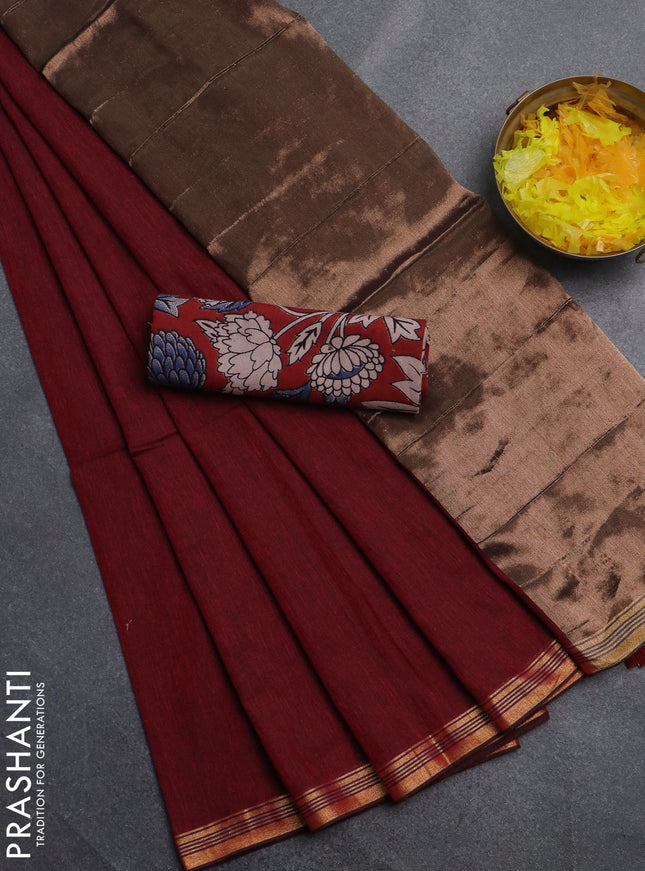 Bengal soft cotton saree maroon with plain body and zari woven border