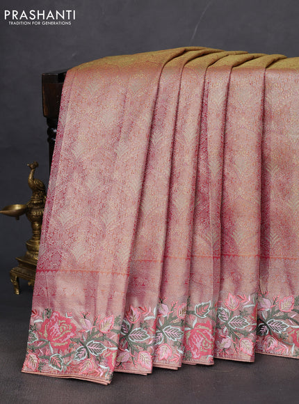 Semi kanchipuram tissue silk saree dual shade of pink with allover zari woven brocade weaves and floral design embroidery border