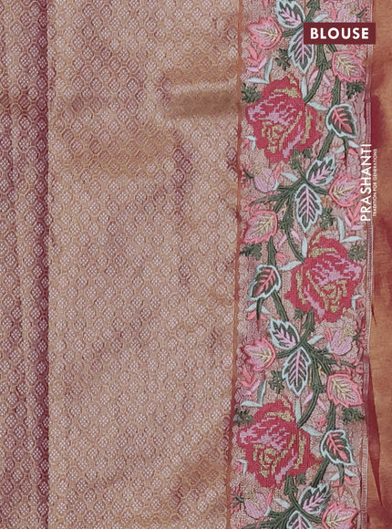 Semi kanchipuram tissue silk saree dual shade of pink with allover zari woven brocade weaves and floral design embroidery border