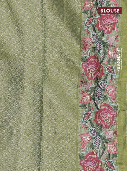 Semi kanchipuram tissue silk saree lime green with allover zari woven brocade weaves and floral design embroidery border