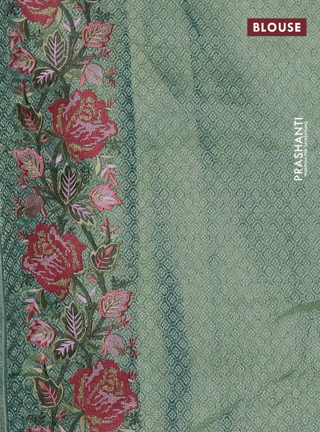 Semi kanchipuram tissue silk saree green shade with allover zari woven brocade weaves and floral design embroidery border