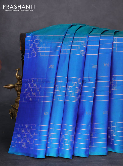 Pure soft silk saree dual shade of bluish green with allover checked pattern & buttas in borderless style