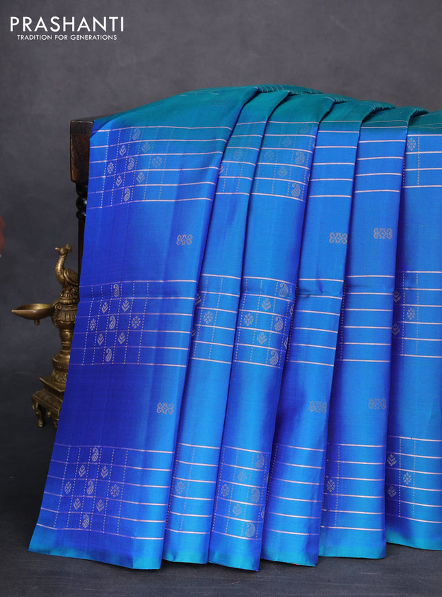 Pure soft silk saree dual shade of bluish green with allover checked pattern & buttas in borderless style