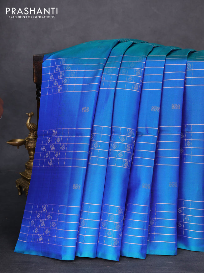 Pure soft silk saree dual shade of bluish green with allover checked pattern & buttas in borderless style