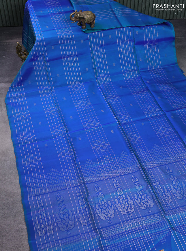 Pure soft silk saree dual shade of bluish green with allover checked pattern & buttas in borderless style