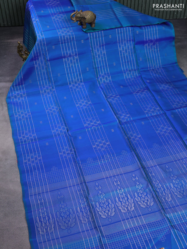 Pure soft silk saree dual shade of bluish green with allover checked pattern & buttas in borderless style