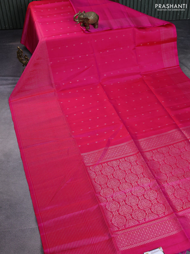 Pure soft silk saree dual shade of pink with allover silver zari buttas and long zari checked border