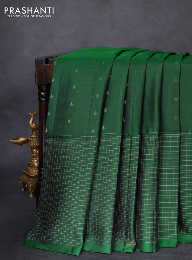 Pure soft silk saree green with allover silver zari buttas and long zari checked border