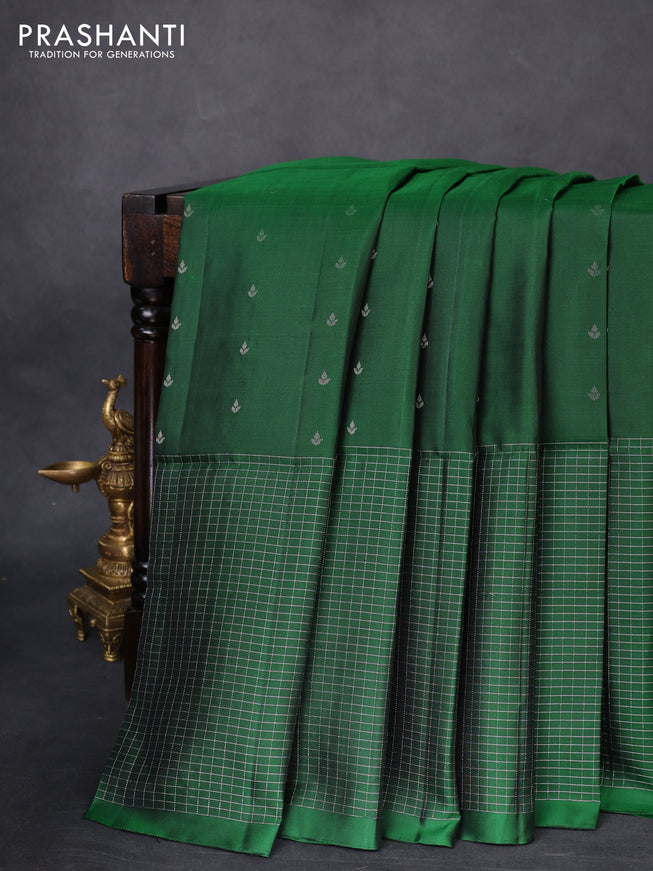 Pure soft silk saree green with allover silver zari buttas and long zari checked border