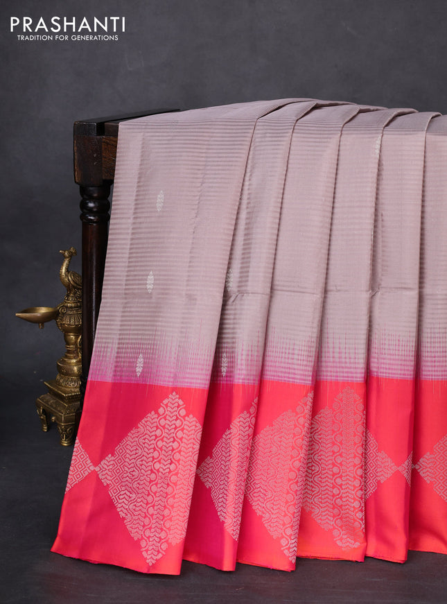 Pure soft silk saree grey shade and dual shade of pinkish orange with zari woven buttas and silver zari woven border