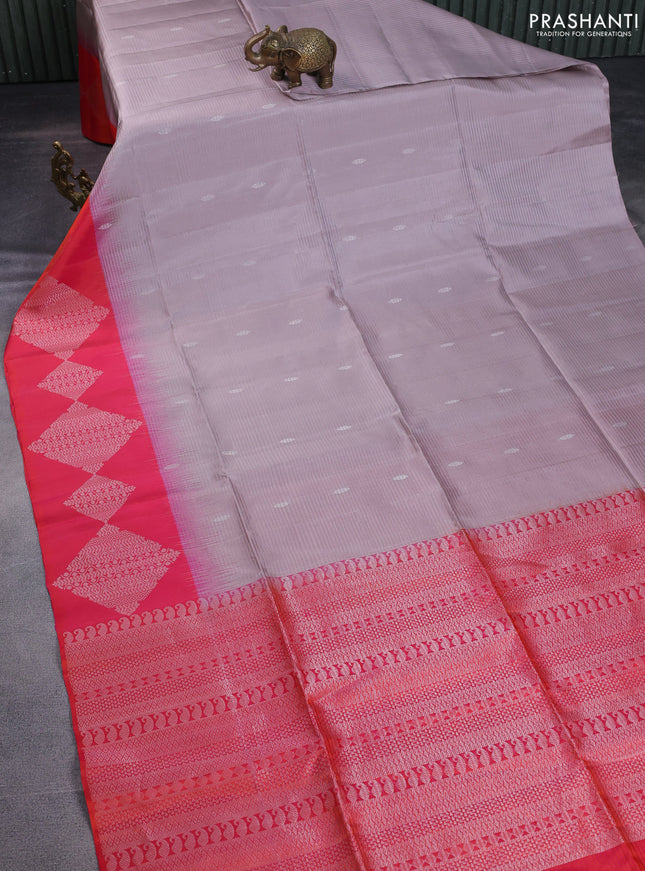 Pure soft silk saree grey shade and dual shade of pinkish orange with zari woven buttas and silver zari woven border