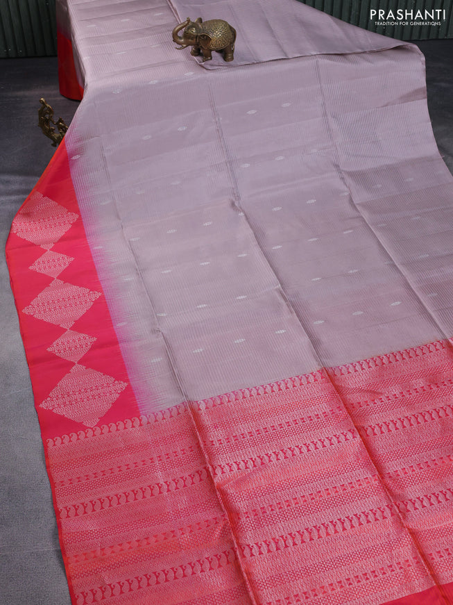 Pure soft silk saree grey shade and dual shade of pinkish orange with zari woven buttas and silver zari woven border