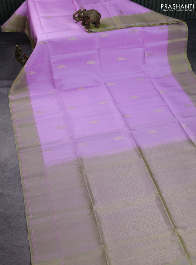 Pure soft silk saree lavender and dual shade of green with zari woven buttas and rettapet zari woven border