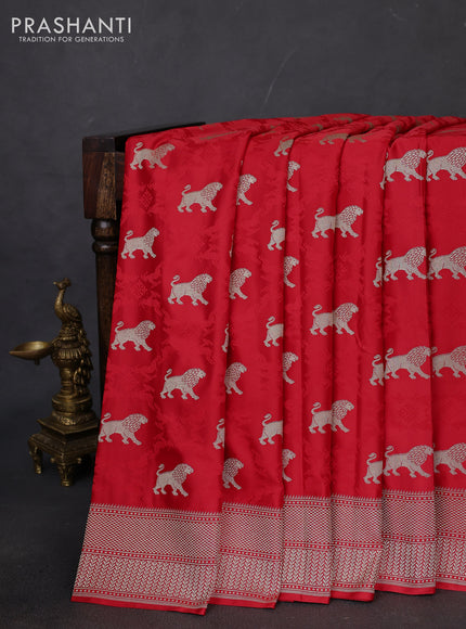 Banarasi semi mushru silk saree red with allover thread weaves & buttas and zari woven border