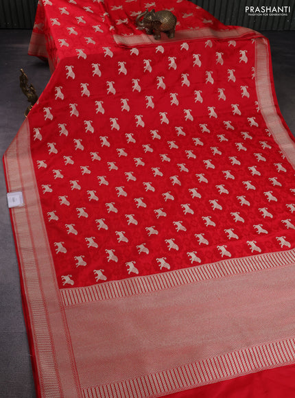 Banarasi semi mushru silk saree red with allover thread weaves & buttas and zari woven border