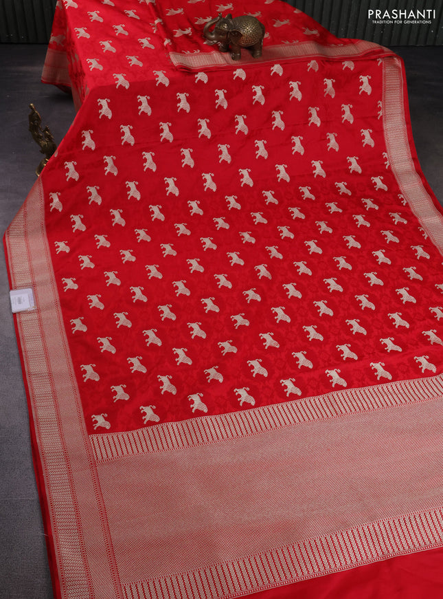 Banarasi semi mushru silk saree red with allover thread weaves & buttas and zari woven border