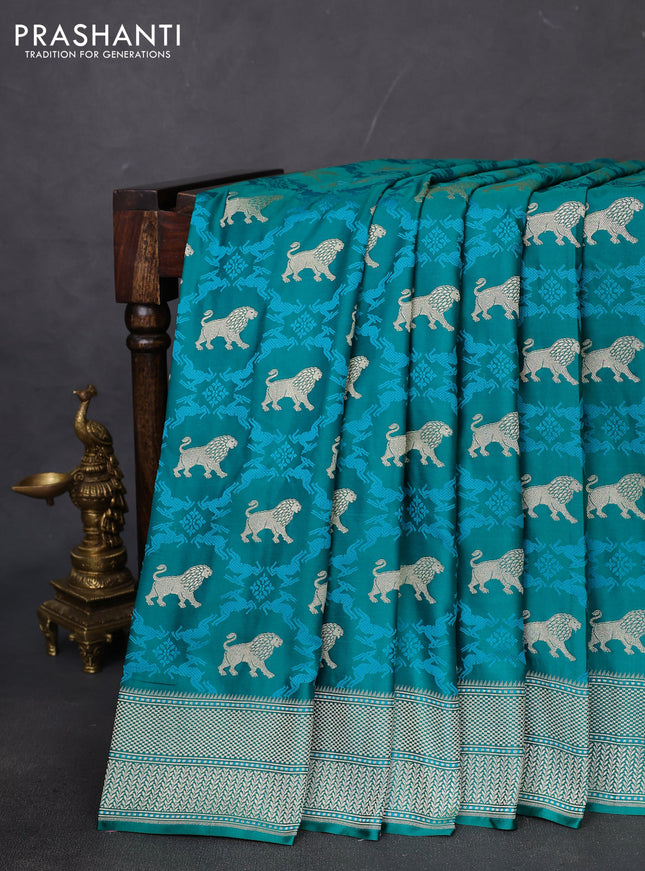 Banarasi semi mushru silk saree teal green with allover thread weaves & buttas and zari woven border