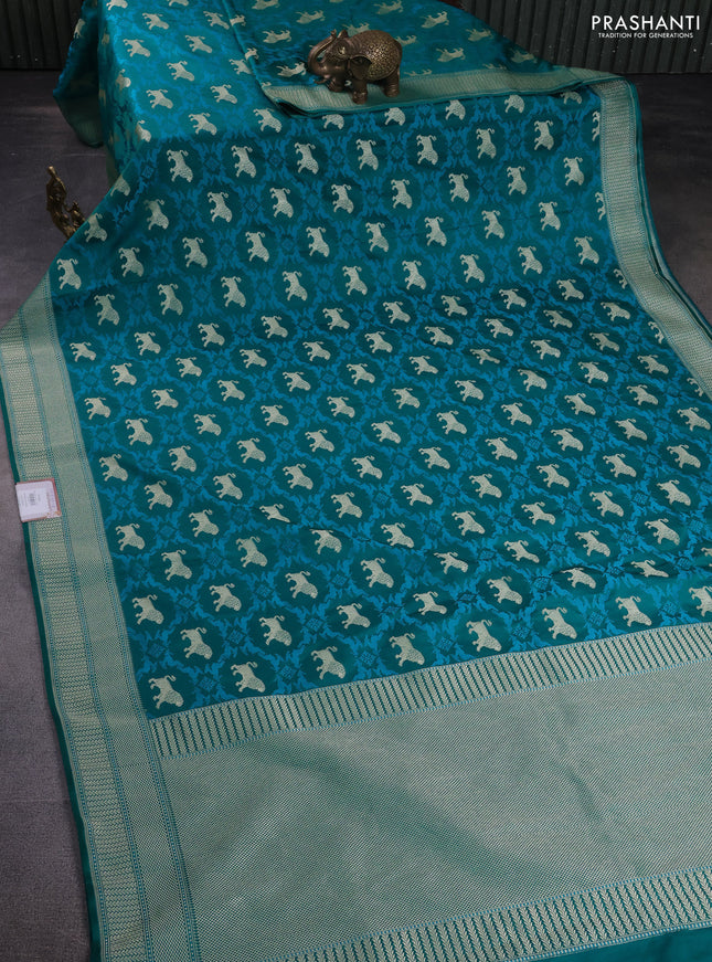 Banarasi semi mushru silk saree teal green with allover thread weaves & buttas and zari woven border