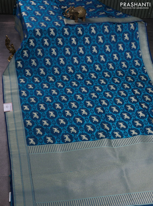 Banarasi semi mushru silk saree dual shade of blue and teal green with allover thread weaves & buttas and zari woven border