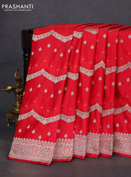 Banarasi semi mushru silk saree red with allover zari weaves & buttas and zari woven border