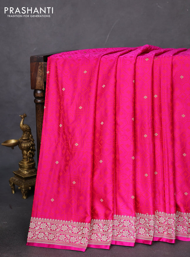Banarasi semi mushru silk saree pink shade and red with allover self emboss & zari buttas and zari woven border