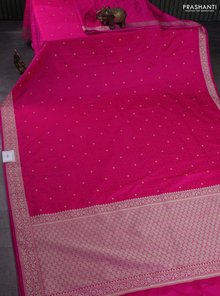 Banarasi semi mushru silk saree pink shade and red with allover self emboss & zari buttas and zari woven border
