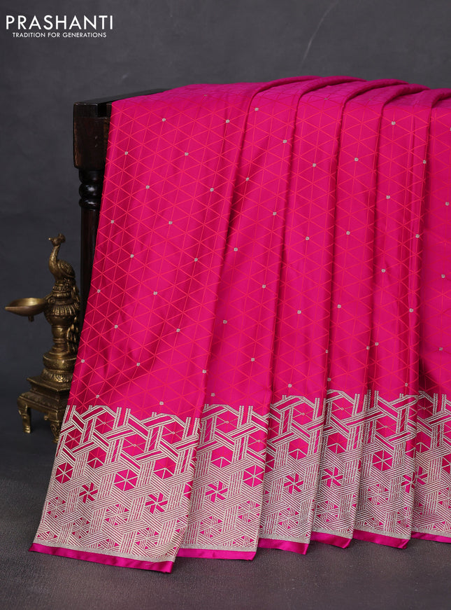 Banarasi semi mushru silk saree pink with allover self emboss & zari buttas and zari woven border