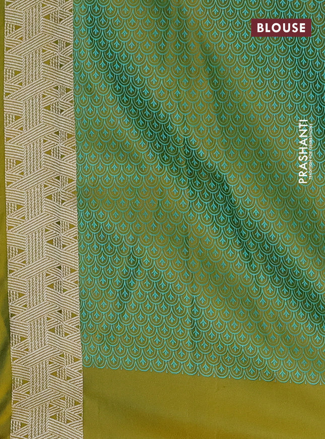 Banarasi semi mushru silk saree dual shade of mustard yellow and teal blue with allover self emboss & zari buttas and zari woven border