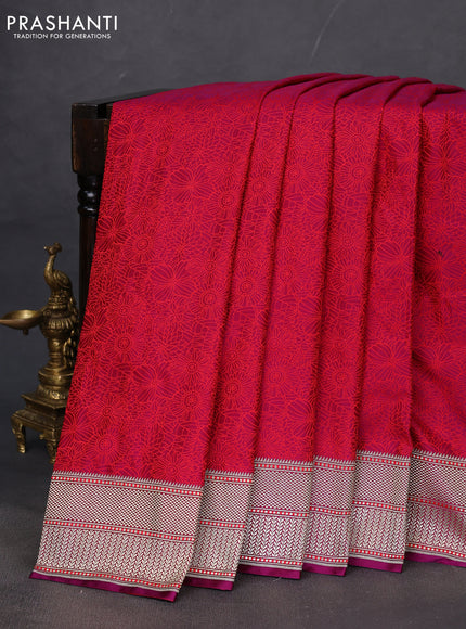 Banarasi semi mushru silk saree deep purple and red with allover self emboss and zari woven border