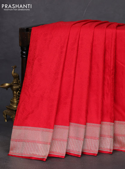 Banarasi semi mushru silk saree red with allover self emboss and zari woven border