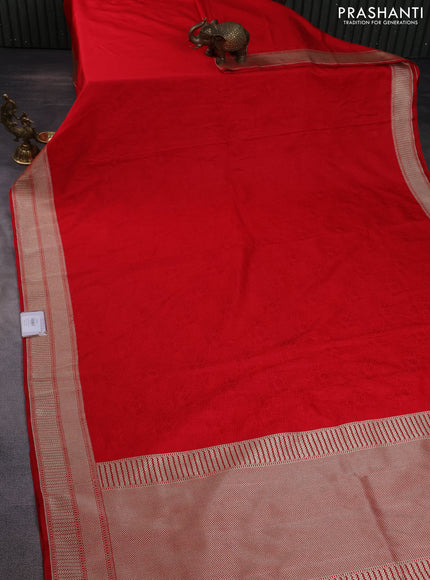 Banarasi semi mushru silk saree red with allover self emboss and zari woven border