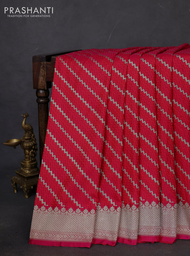 Banarasi semi mushru silk saree pink and red with allover self emboss & zari weaves and zari woven border