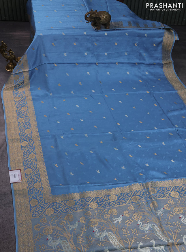 Banarasi semi mushru silk saree pastel blue with allover self emboss & zari buttas and zari woven border