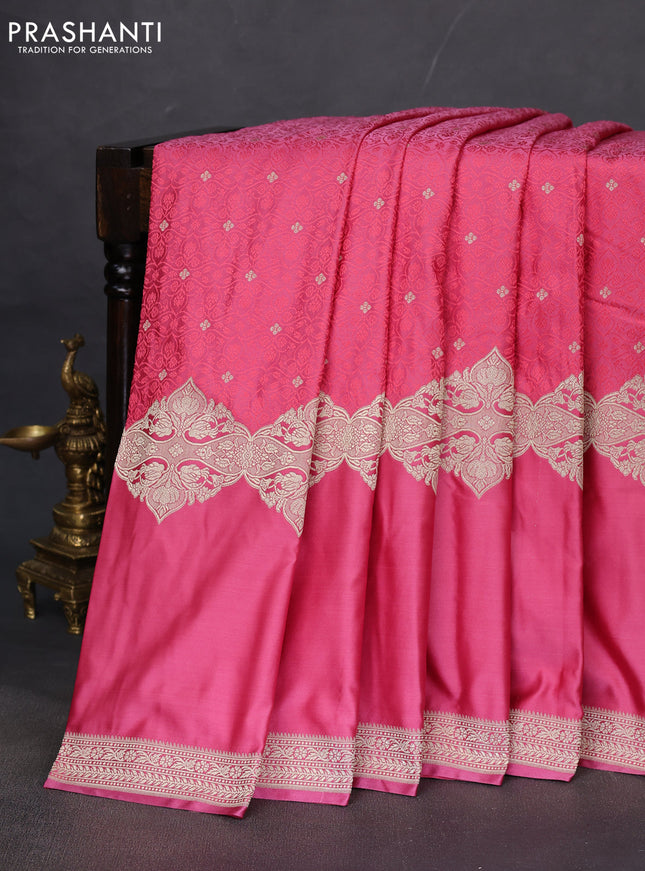 Banarasi semi mushru silk saree pink shade with allover self emboss & zari buttas and rettapet zari woven border