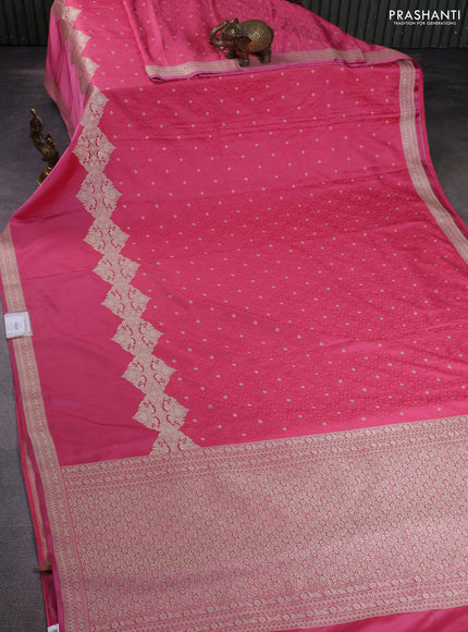 Banarasi semi mushru silk saree pink shade with allover self emboss & zari buttas and rettapet zari woven border