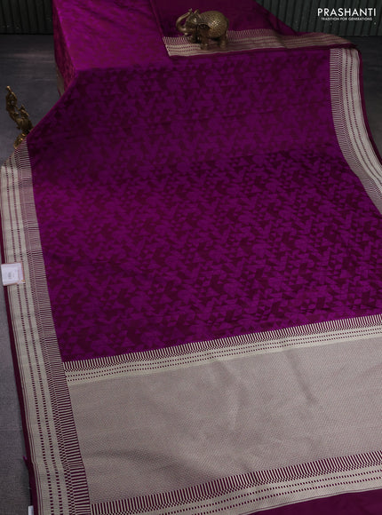 Banarasi semi mushru silk saree purple with allover self emboss and zari woven border