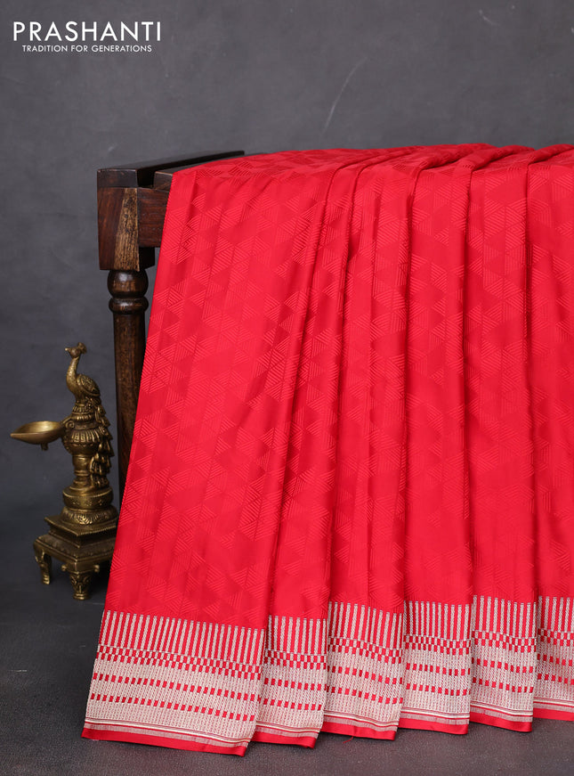 Banarasi semi mushru silk saree red with allover self emboss and zari woven border