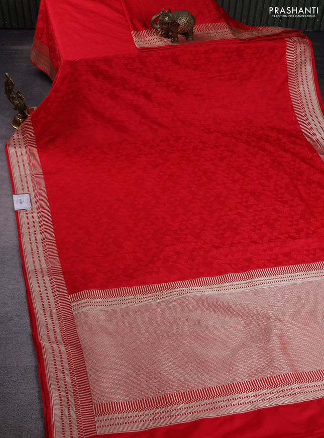 Banarasi semi mushru silk saree red with allover self emboss and zari woven border
