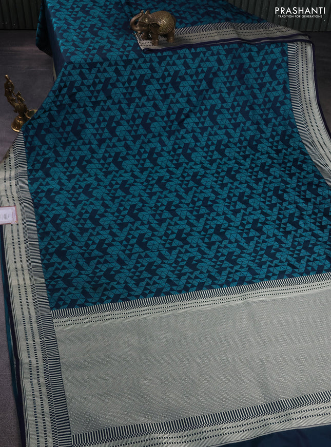 Banarasi semi mushru silk saree dual shade of blue and teal green with allover self emboss and zari woven border