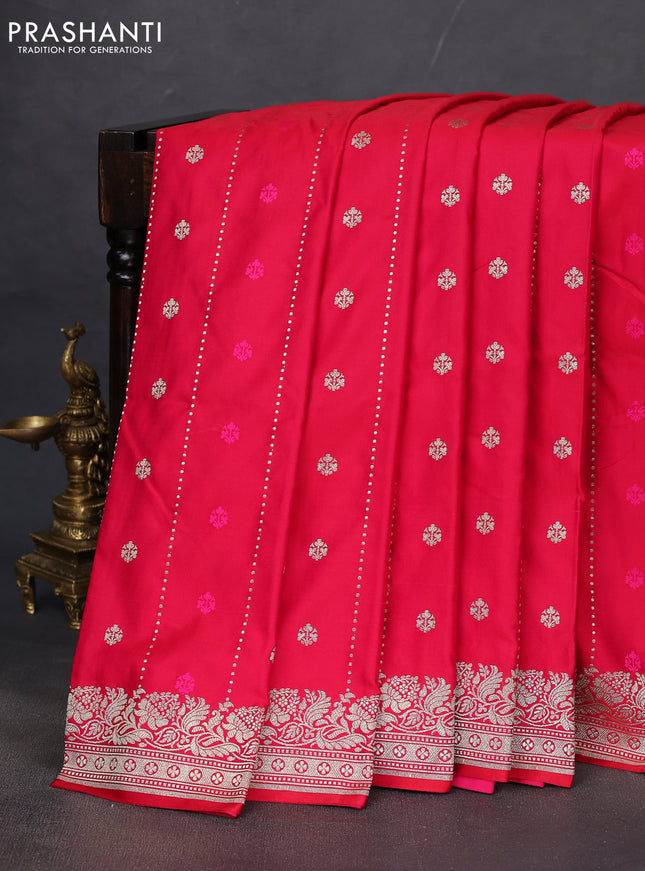Banarasi semi mushru silk saree reddish pink with thread & zari woven buttas and zari woven border
