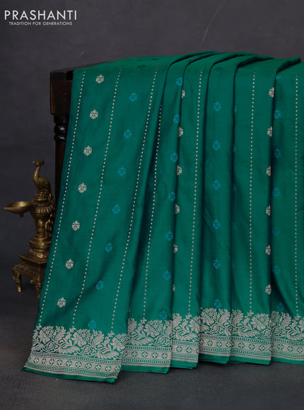 Banarasi semi mushru silk saree teal green with thread & zari woven buttas and zari woven border