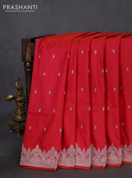 Banarasi semi mushru silk saree reddish pink with allover zari woven buttas and zari woven border