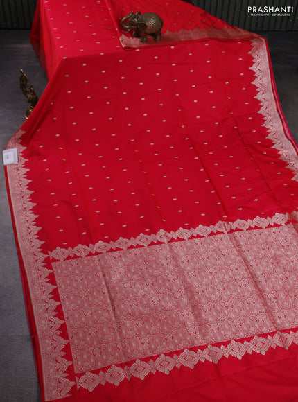 Banarasi semi mushru silk saree reddish pink with allover zari woven buttas and zari woven border