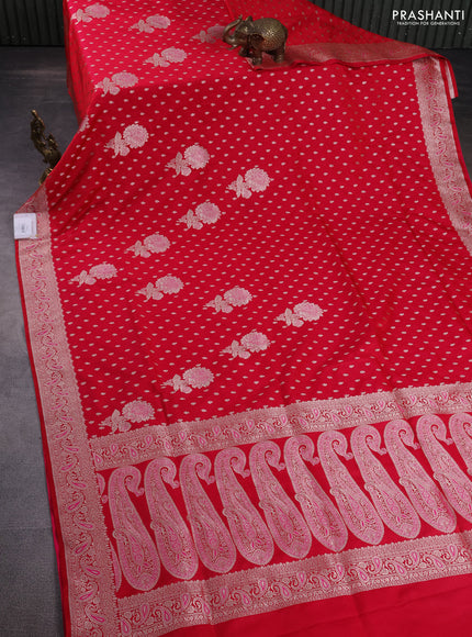 Banarasi semi mushru silk saree red with allover zari woven buttas and zari woven border