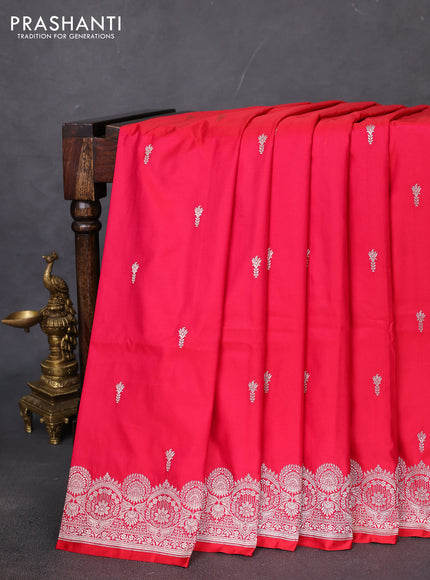 Banarasi semi mushru silk saree reddish pink with allover zari woven buttas and zari woven border