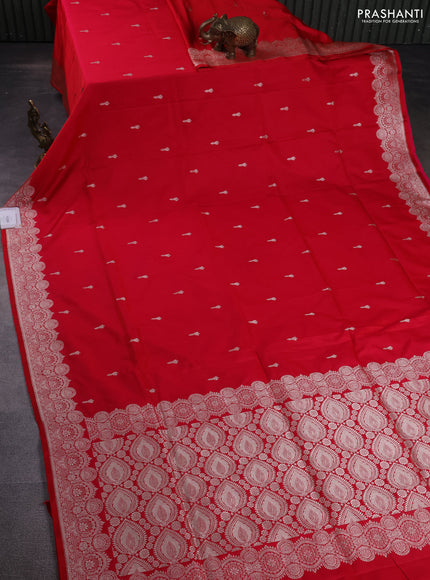 Banarasi semi mushru silk saree reddish pink with allover zari woven buttas and zari woven border