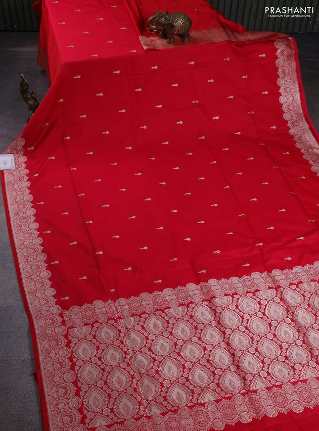 Banarasi semi mushru silk saree reddish pink with allover zari woven buttas and zari woven border