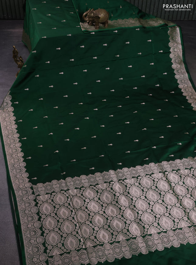 Banarasi semi mushru silk saree green with allover zari woven buttas and zari woven border