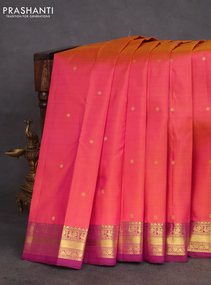 Pure kanchipuram silk saree dual shade of pinkish mustard and purple with zari woven buttas and rich zari woven border