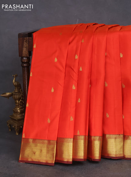 Pure kanchipuram silk saree orange and deep maroon with zari woven buttas and rich zari woven border